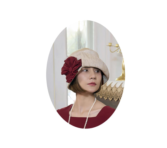 1920s high tea hat with maroon red details - a cloche hat