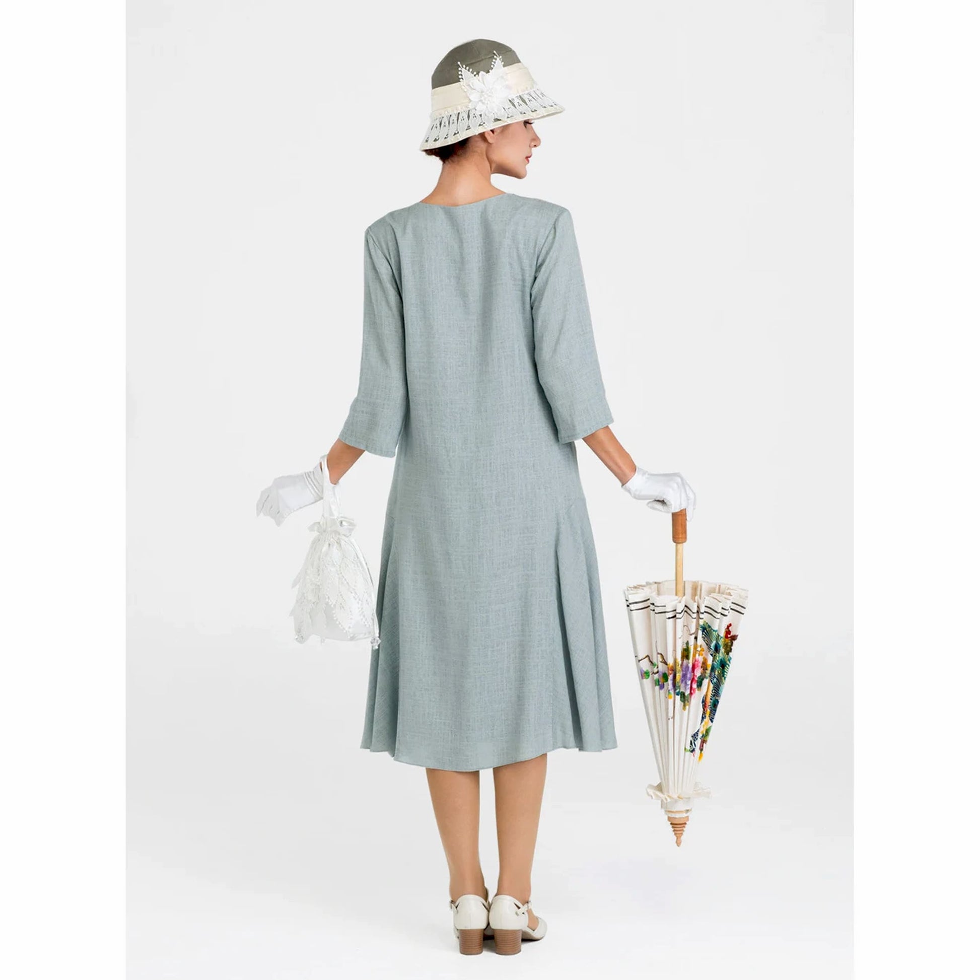 1920s dress made of quality linen in light slate grey. Can be worn as a Great Gatsby day dress, Jazz Age Lawn Party dress or Downton Abbey dress