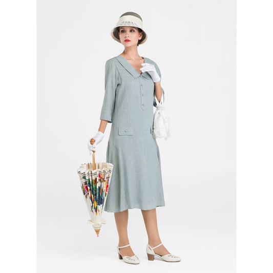 Grey 20s linen tea dress with small puritan collar and 3/4 sleeves - a vintage-inspired Roaring Twenties dress