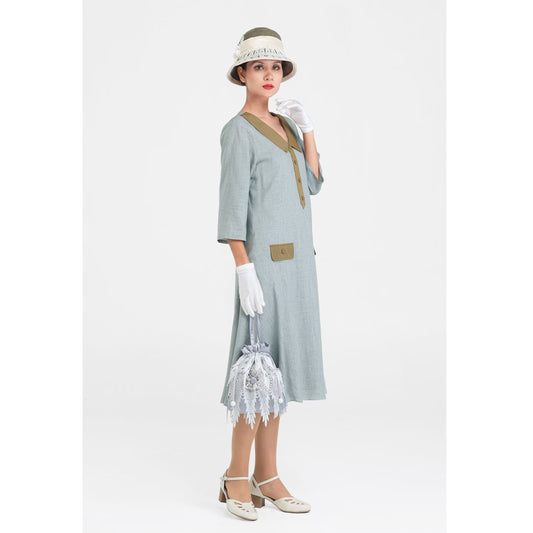 Grey/olive 1920s linen dress with small puritan collar & 3/4 sleeves - a vintage-inspired Roaring Twenties dress