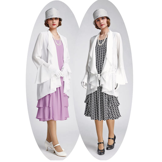 Off-white chiffon cardigan with cascade collar - a vintage-inspired Roaring Twenties jacket