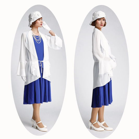Off-white 1920s party jacket with cascade collar. This 1920s high tea jacket can be worn as a Great Gatsby sheer jacket, flapper jacket or mother of the bride jacket
