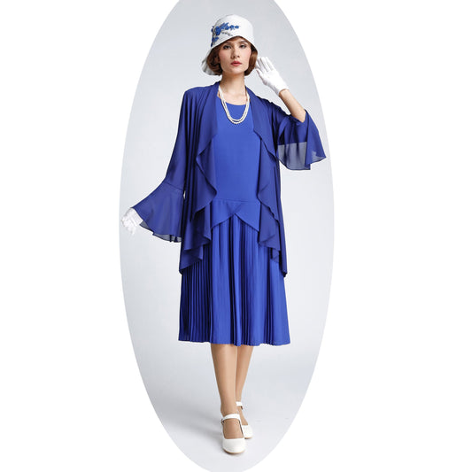 Dark blue chiffon 1920s jacket with cascade collar - a vintage-inspired Roaring Twenties jacket