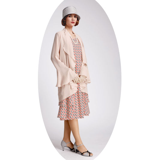 1920s chiffon jacket in nude color with cascade collar - a vintage-inspired Roaring Twenties jacket