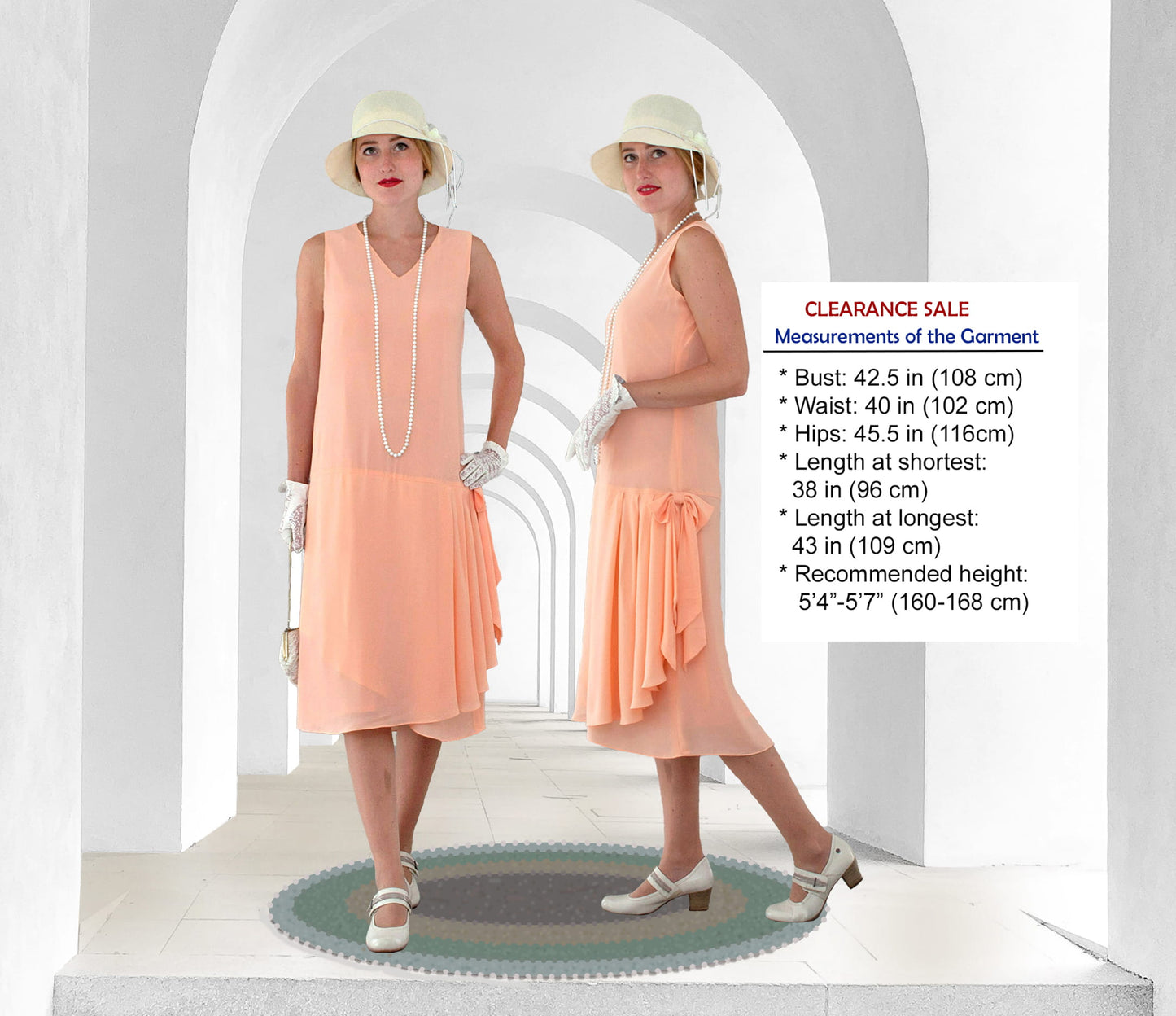 CLEARANCE: Peach Great Gatsby chiffon dress with drape and bow