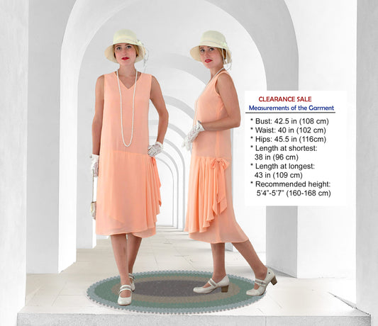 CLEARANCE: Peach Great Gatsby chiffon dress with drape and bow