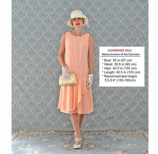 CLEARANCE:1920s chiffon dress in Peach color with ruffled skirt detail