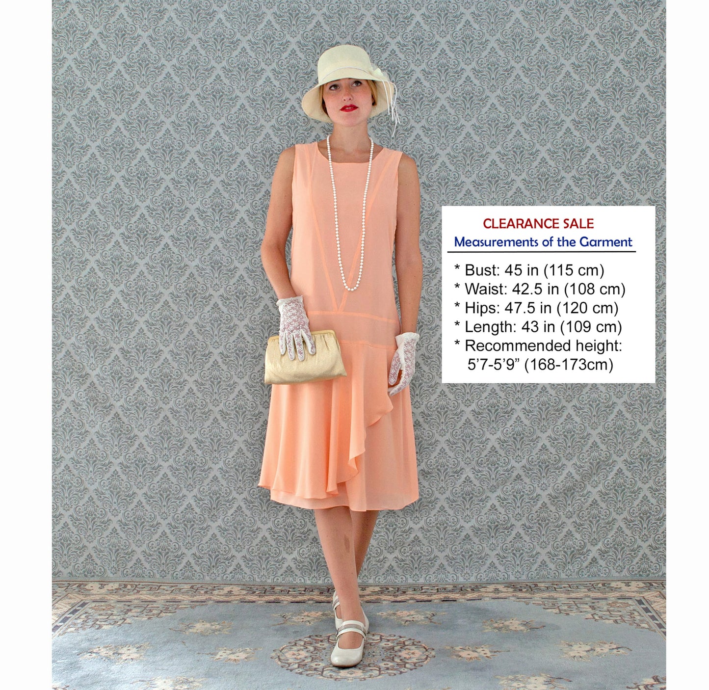 CLEARANCE: Peach 1920s chiffon dress with ruffled skirt detail