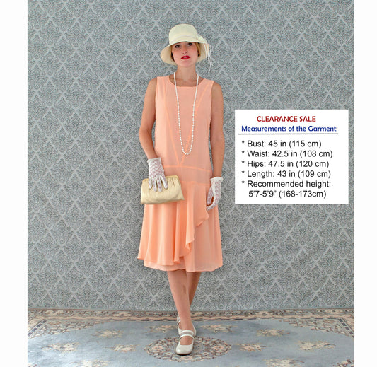 CLEARANCE: Peach 1920s chiffon dress with ruffled skirt detail