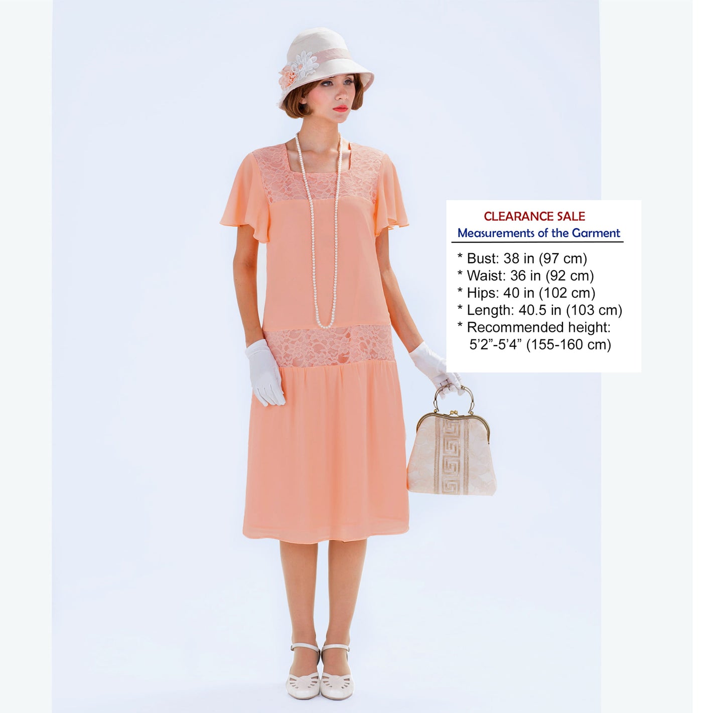 CLEARANCE: Peach Downton Abbey chiffon dress with flutter sleeves