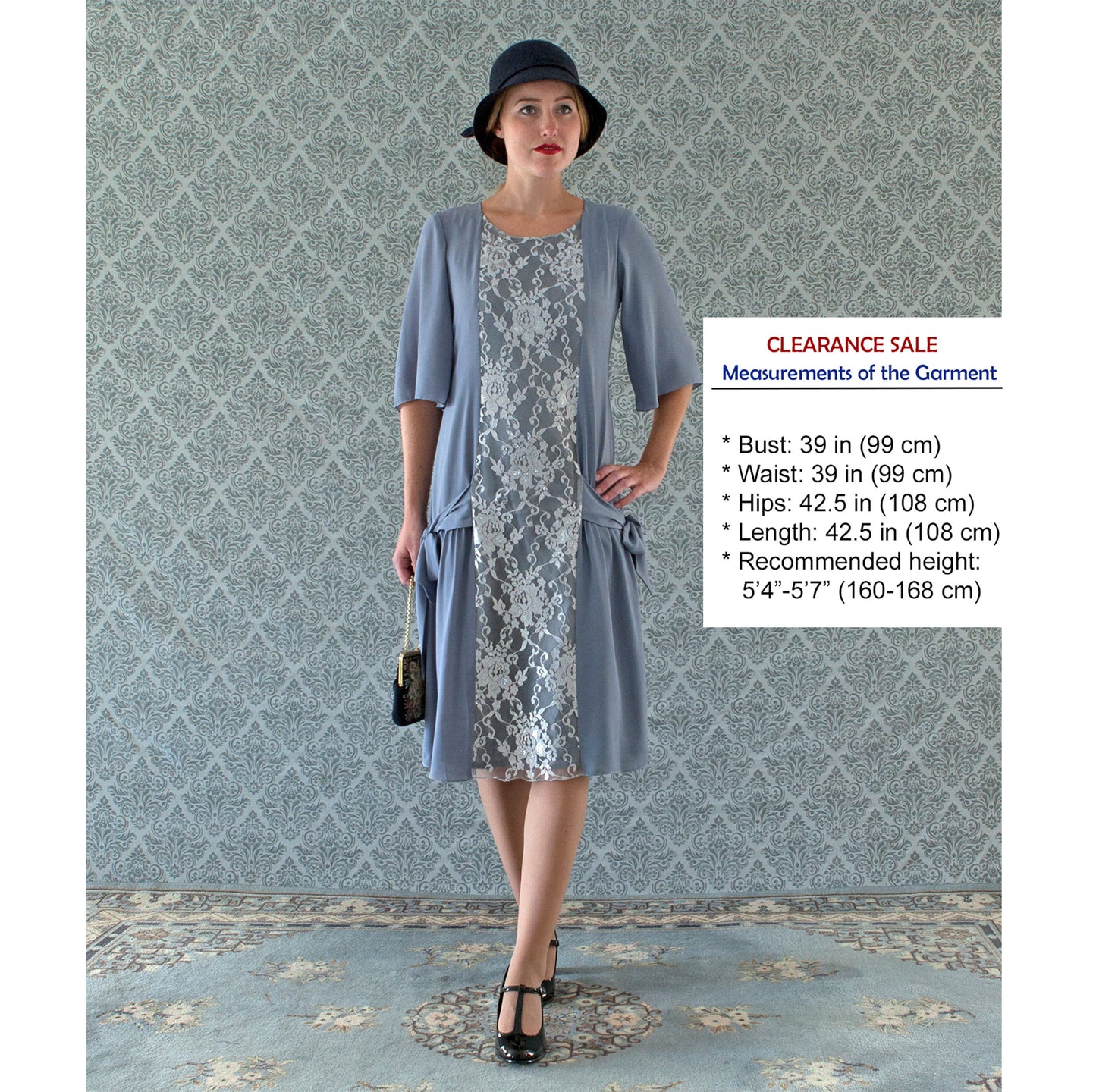 CLEARANCE: Grey and silver lace Great Gatsby dress with elbow sleeves