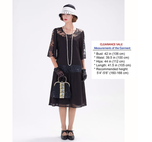 CLEARANCE: Black 1920s chiffon dress with lace detail on the yoke
