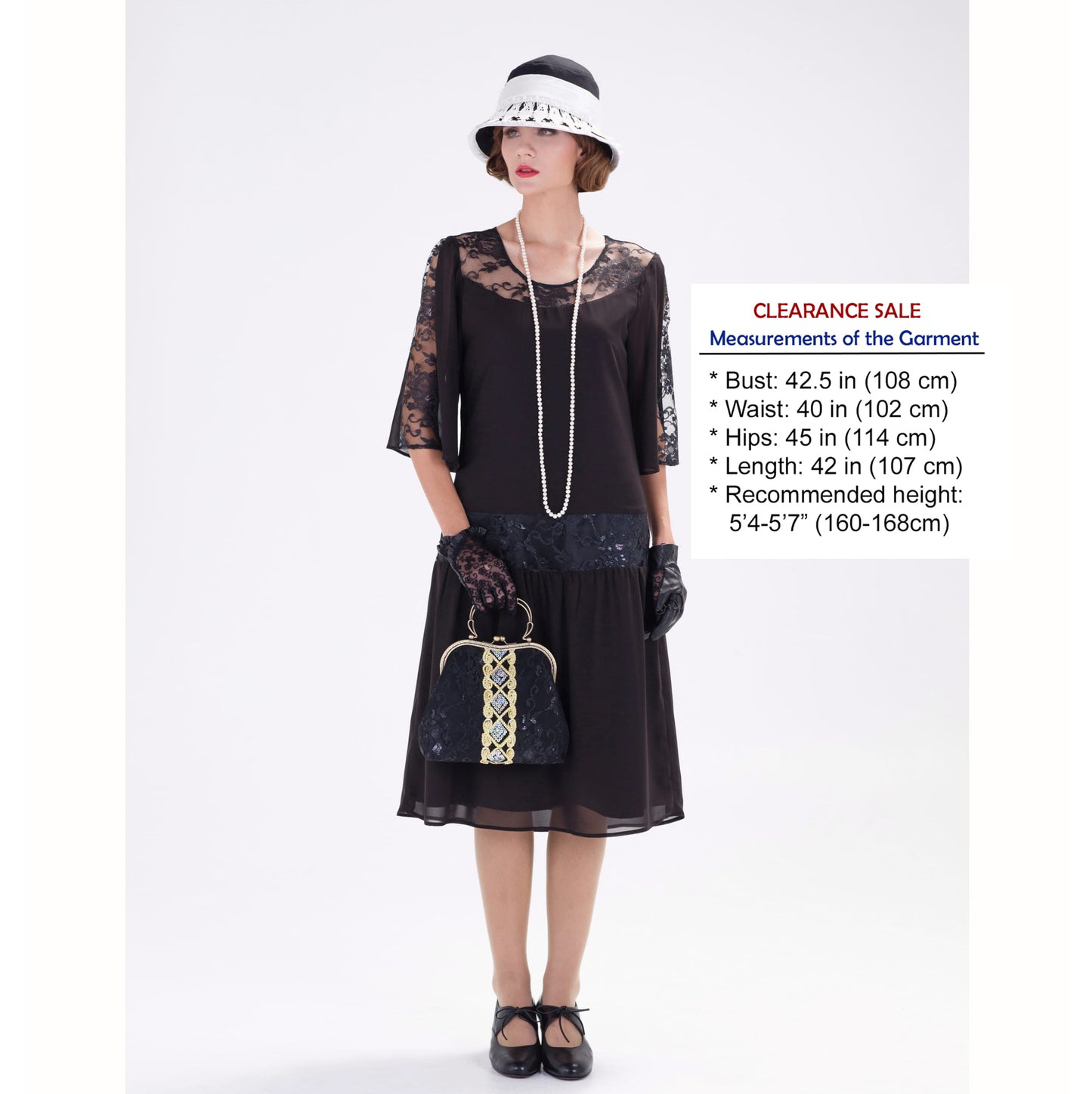 CLEARANCE: Black 1920s chiffon dress wth lace detail on the yoke