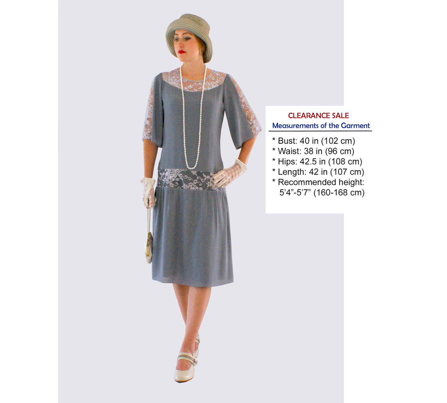 CLEARANCE: Grey Great Gatsby dress with elbow-length sleeves