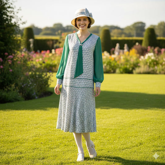 1920s dress with light blue Chevron Deco Print Dress and Jade Green Tie and long sleeves