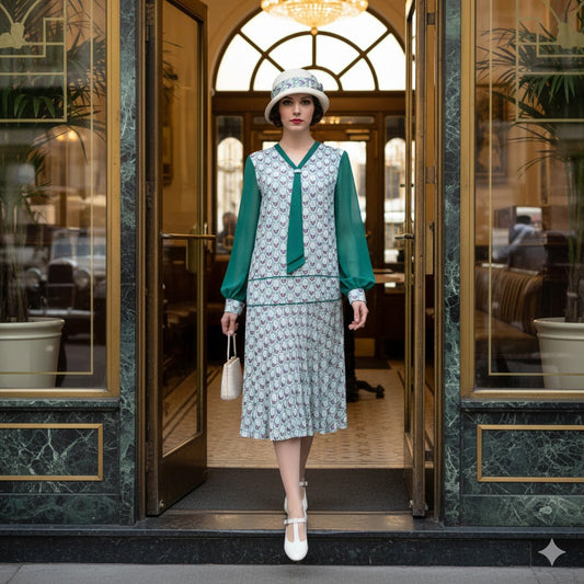 Green Medallion Art Deco Print Chiffon 1920s Dress