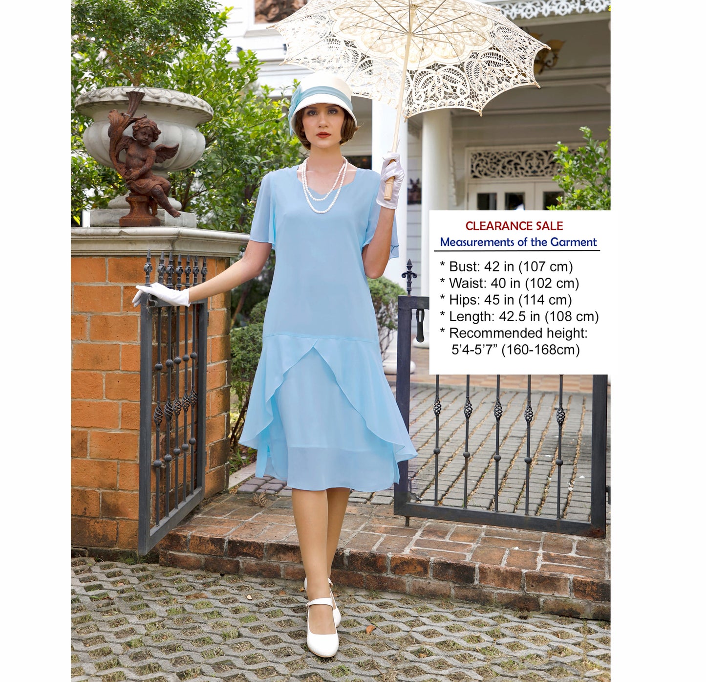 CLEARANCE: Light blue 1920s Great Gatsby day dress with sweetheart neckline