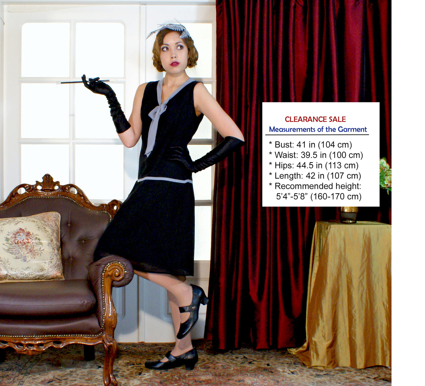 CLEARANCE: A lovely black flapper dress with a grey bow