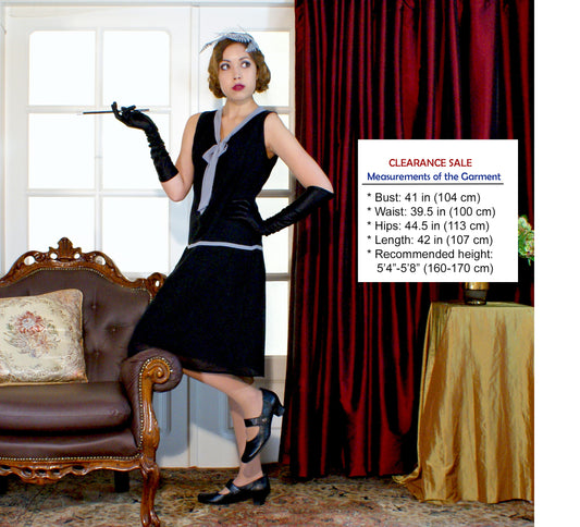 CLEARANCE: A lovely black flapper dress with a grey bow
