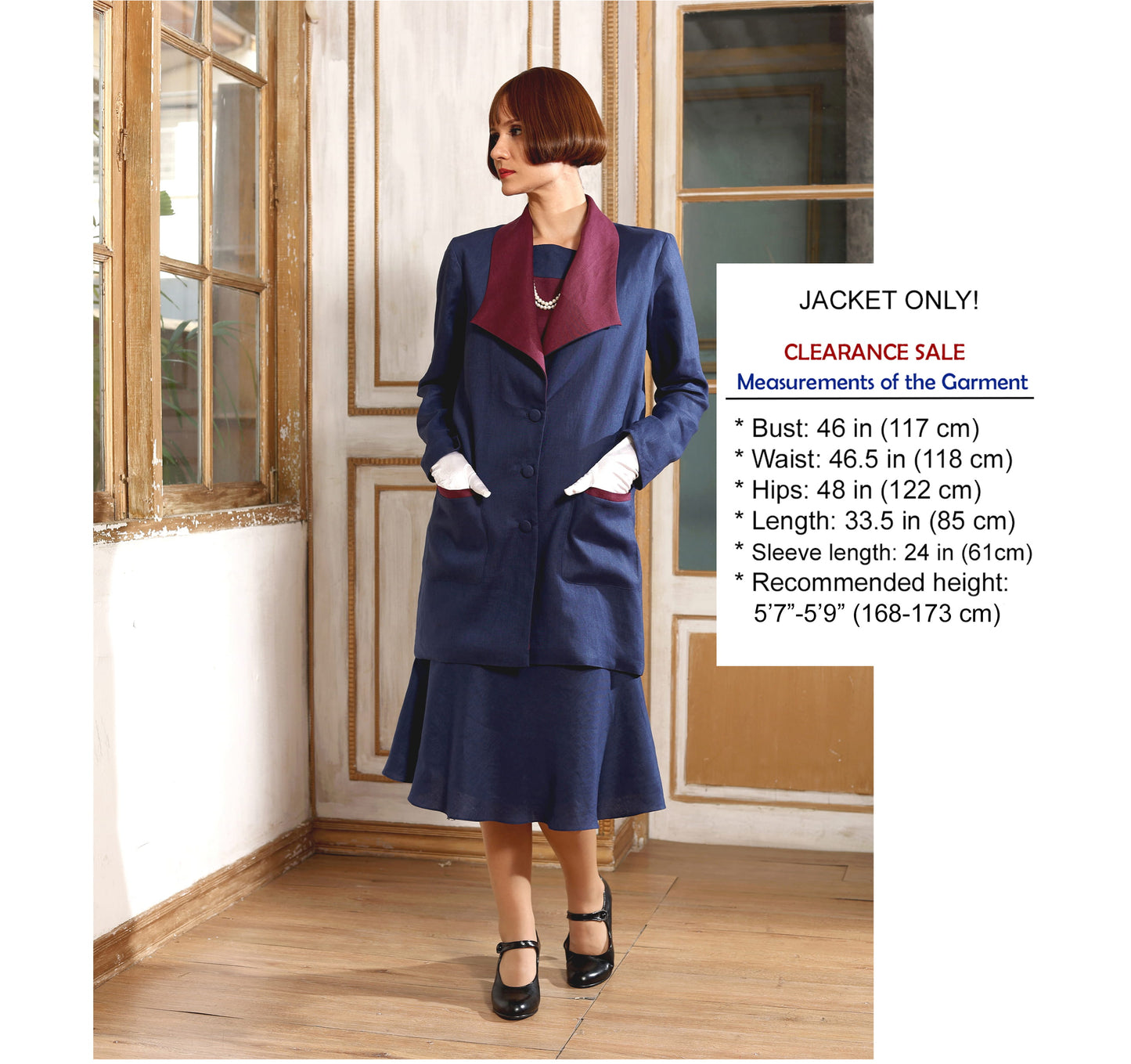 CLEARANCE: Larger Size Great Gatsby style navy blue linen jacket