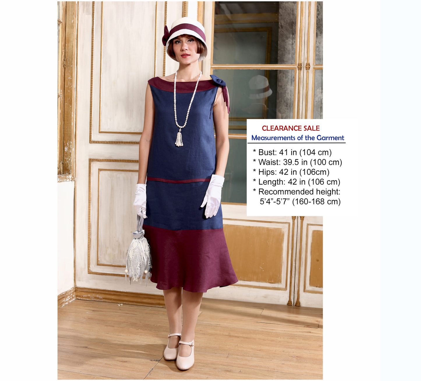 CLEARANCE: Navy blue and burgundy 1920s drop waist linen dress with a boat neck