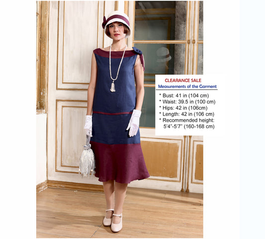 CLEARANCE: Navy blue and burgundy 1920s drop waist linen dress with a boat neck