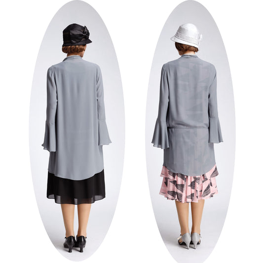Grey chiffon Great Gatsby high tea jacket. The 1920s jacket can be worn as a 1920s high tea cardigan, flapper jacket or Downton Abbey coat.
