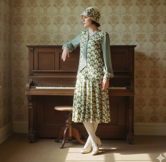 1920s dress with White and Green Rayon Deco Print Dress and Neck Tie