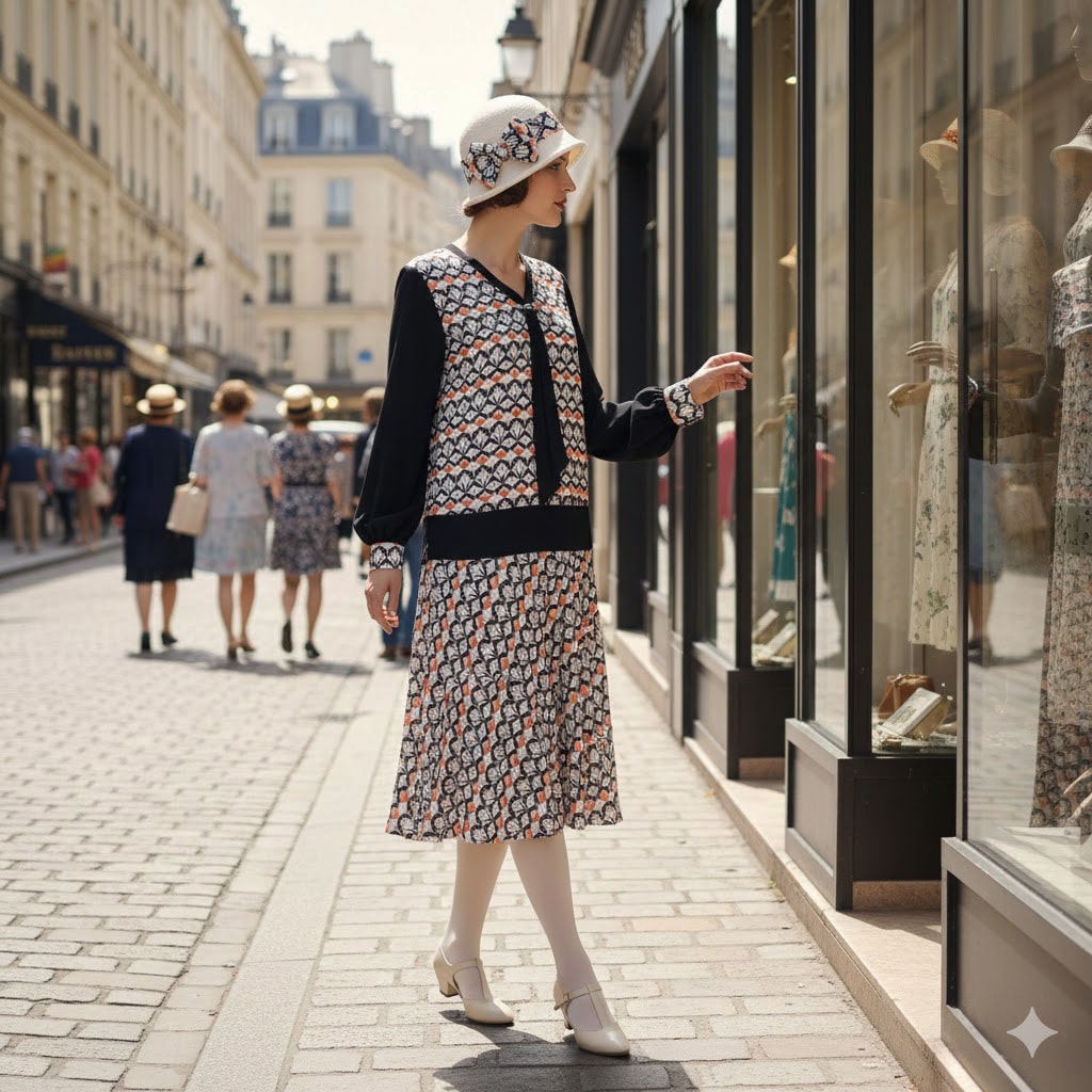 1920s dress in Art Deco Fan Print in Black, Ivory and Terracotta