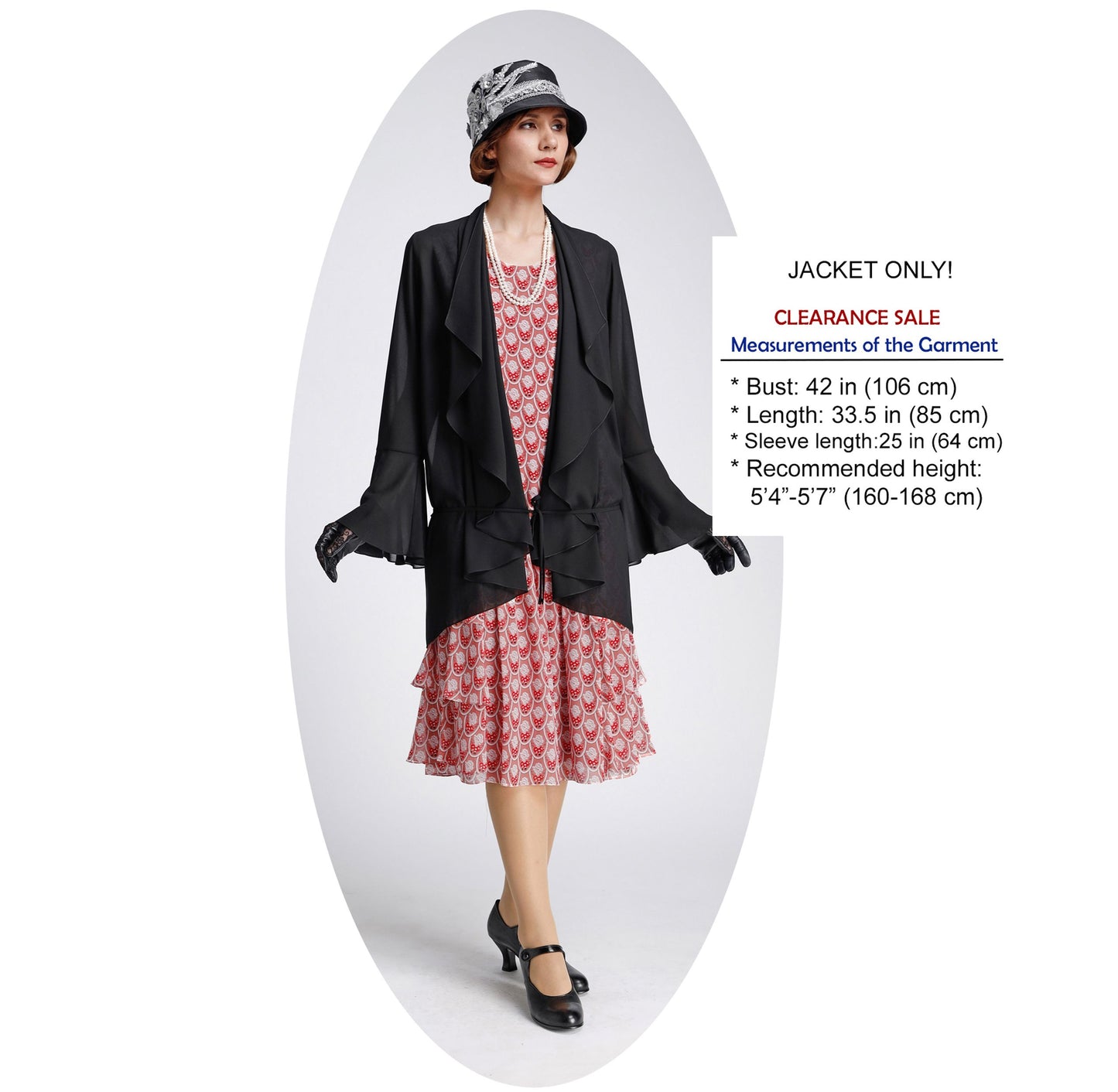 CLEARANCE: 1920s jacket in black chiffon with cascade collar