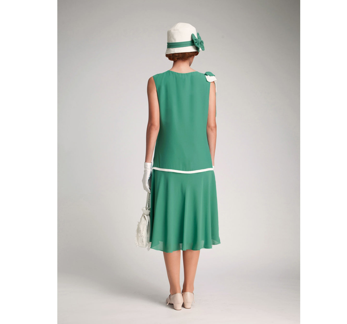 Great Gatsby dress in jade green and off-white details