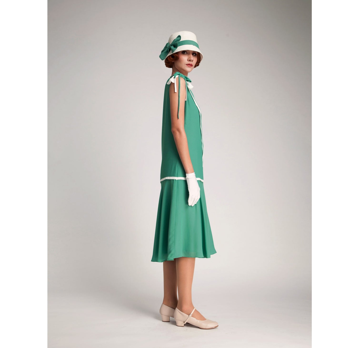 Great Gatsby dress in jade green and off-white details