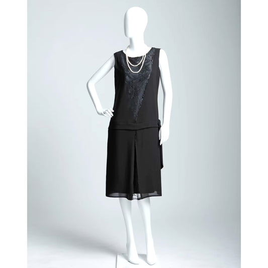 Sleeveless black chiffon and lace flapper dress - a vintage-inspired Roaring Twenties dress