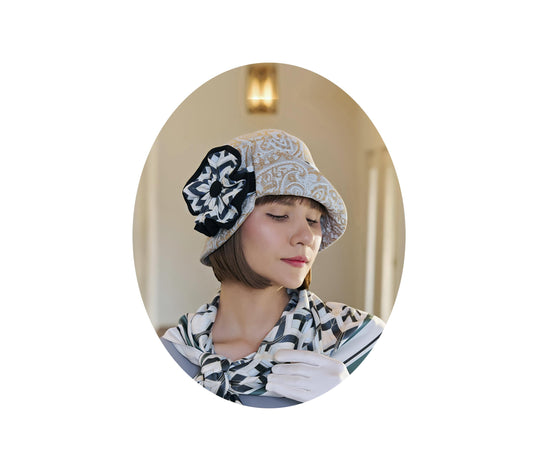 Great Gatsby garden party hat in light blue/brown with art deco ribbon - a cloche hat