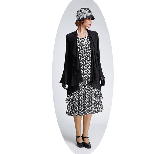 Black chiffon 1920s Gatsby jacket with cascade collar. Can be worn as Great Gatsby sheer jacket, 1920s high tea cardigan, flapper jacket or Downton Abbey jacket