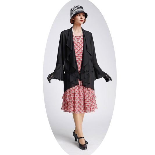 1920s jacket in black chiffon with cascade collar - a vintage-inspired Roaring Twenties jacket