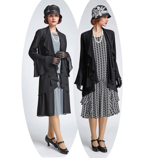 Black 1920s jacket made of chiffon and with cascade collar - a vintage-inspired Roaring Twenties jacket