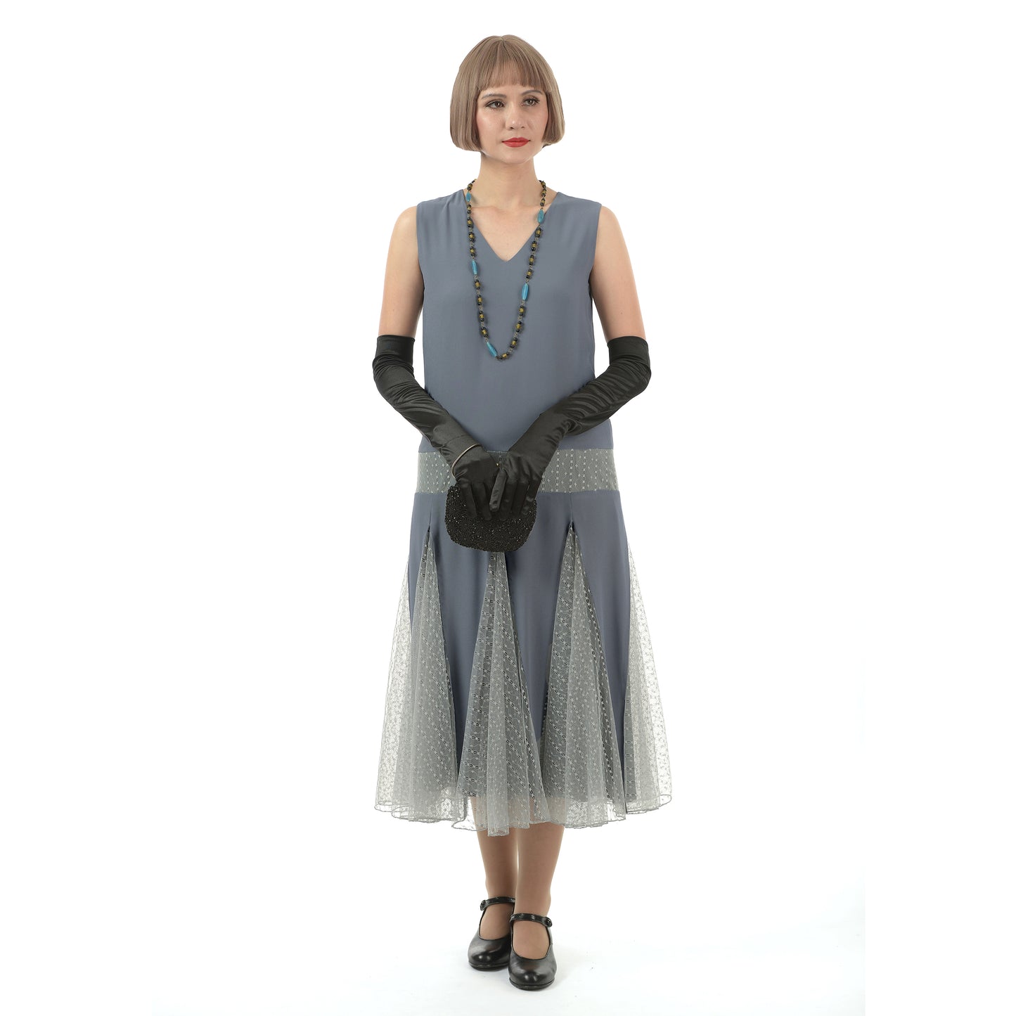 Grey chiffon 1920s reproduction dress with tulle lace zig zag details. This flapper dress can be worn as 1920s evening dress or Great Gatsby party dress.