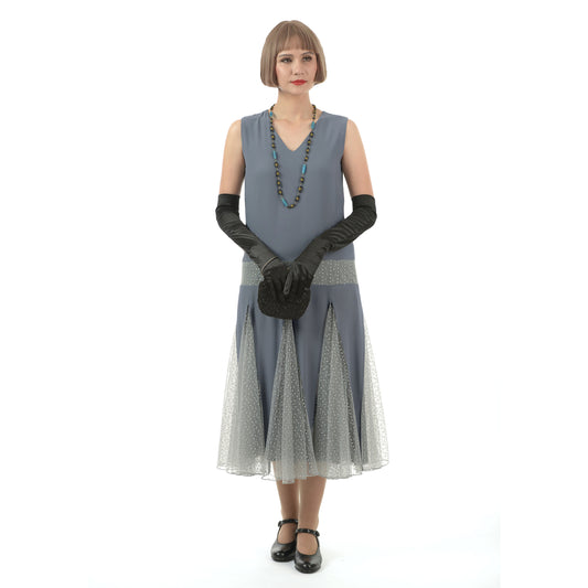 1920s dress in grey chiffon with grey tulle lace skirt godets