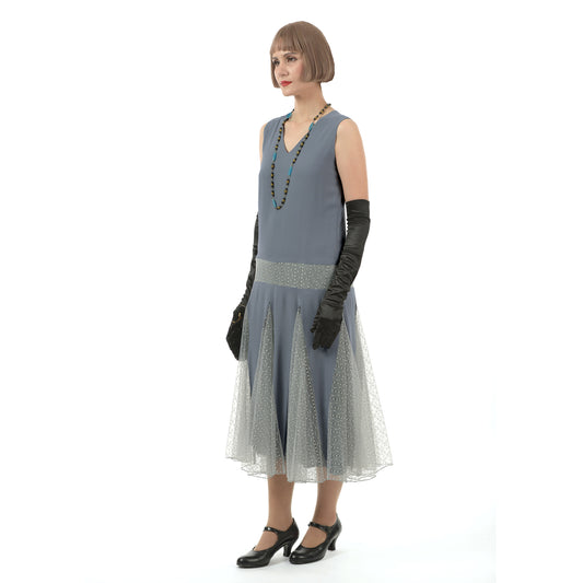 1920s dress in grey chiffon with grey tulle lace skirt godets - a vintage inspred 1920s gown