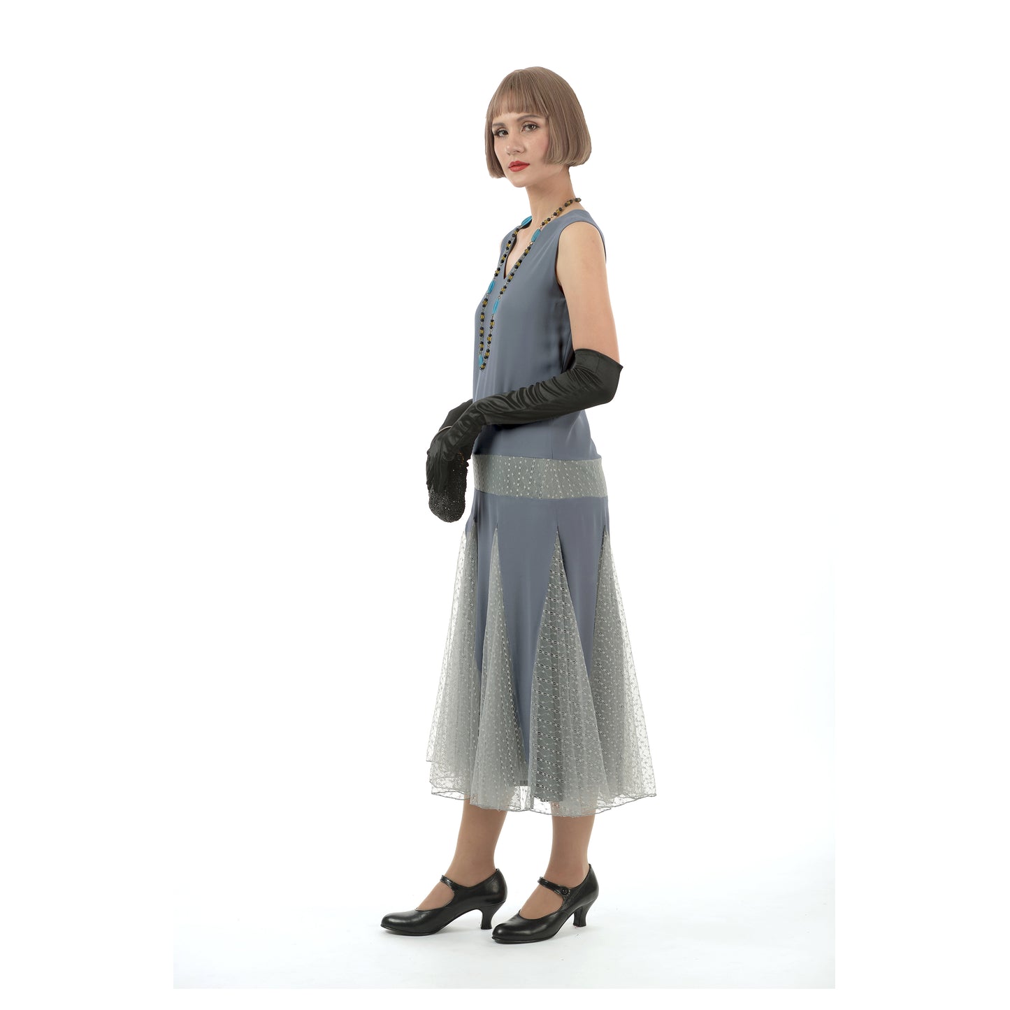 1920s dress in grey chiffon with grey tulle lace skirt godets