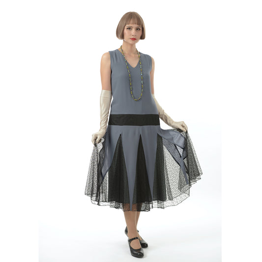 Grey chiffon flapper dress with black tulle skirt godets