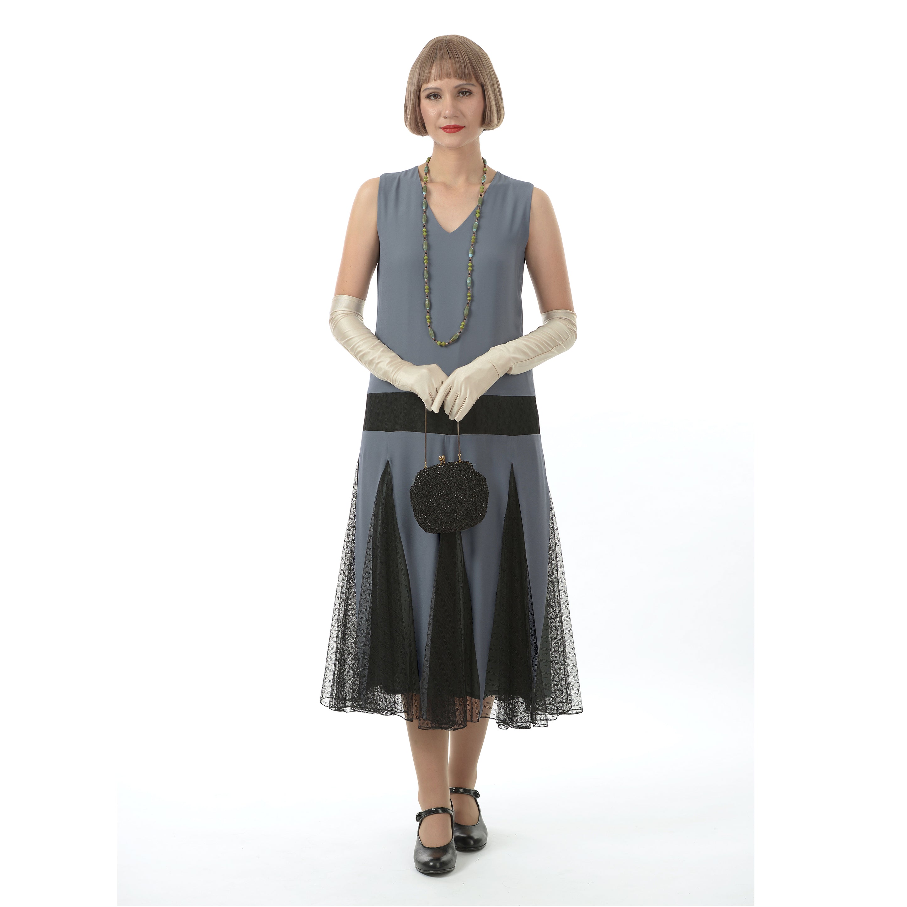 Grey chiffon flapper dress with black tulle skirt godets – LaVieDelight