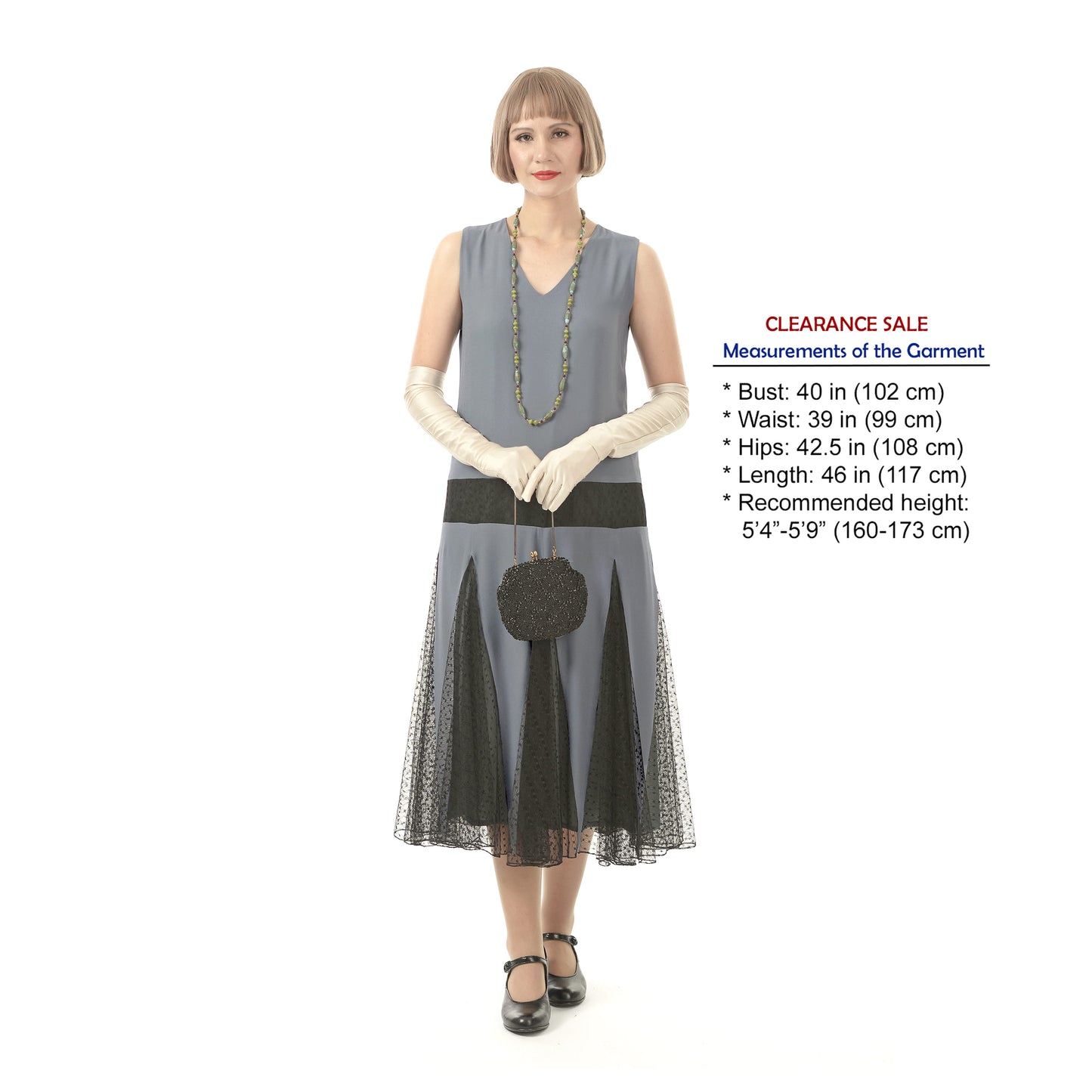 CLEARANCE: Grey chiffon flapper dress wth black tulle skirt godets
