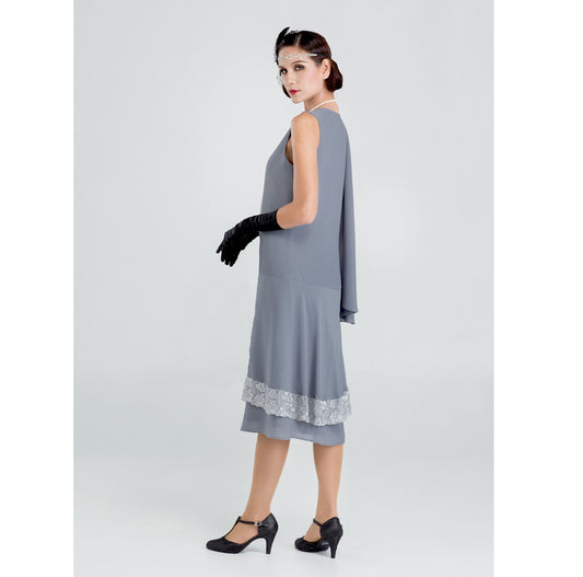 Grey Great Gatsby evening dress with lace trim and a train on the back. This flapper dress can be worn as a Gatsby dress or Lady Mary evening dress