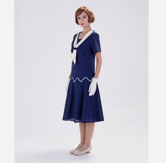 1920s reproduction day dress in navy blue and white - a vintage-inspired Roaring Twenties dress