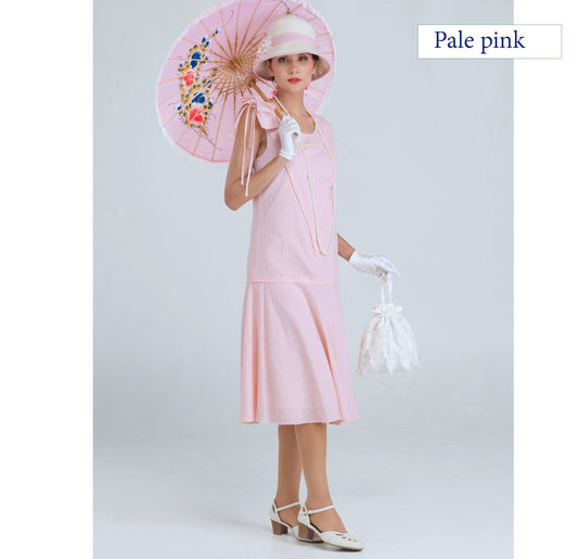 Sleeveless Downton Abbey day dress of pale pink cotton