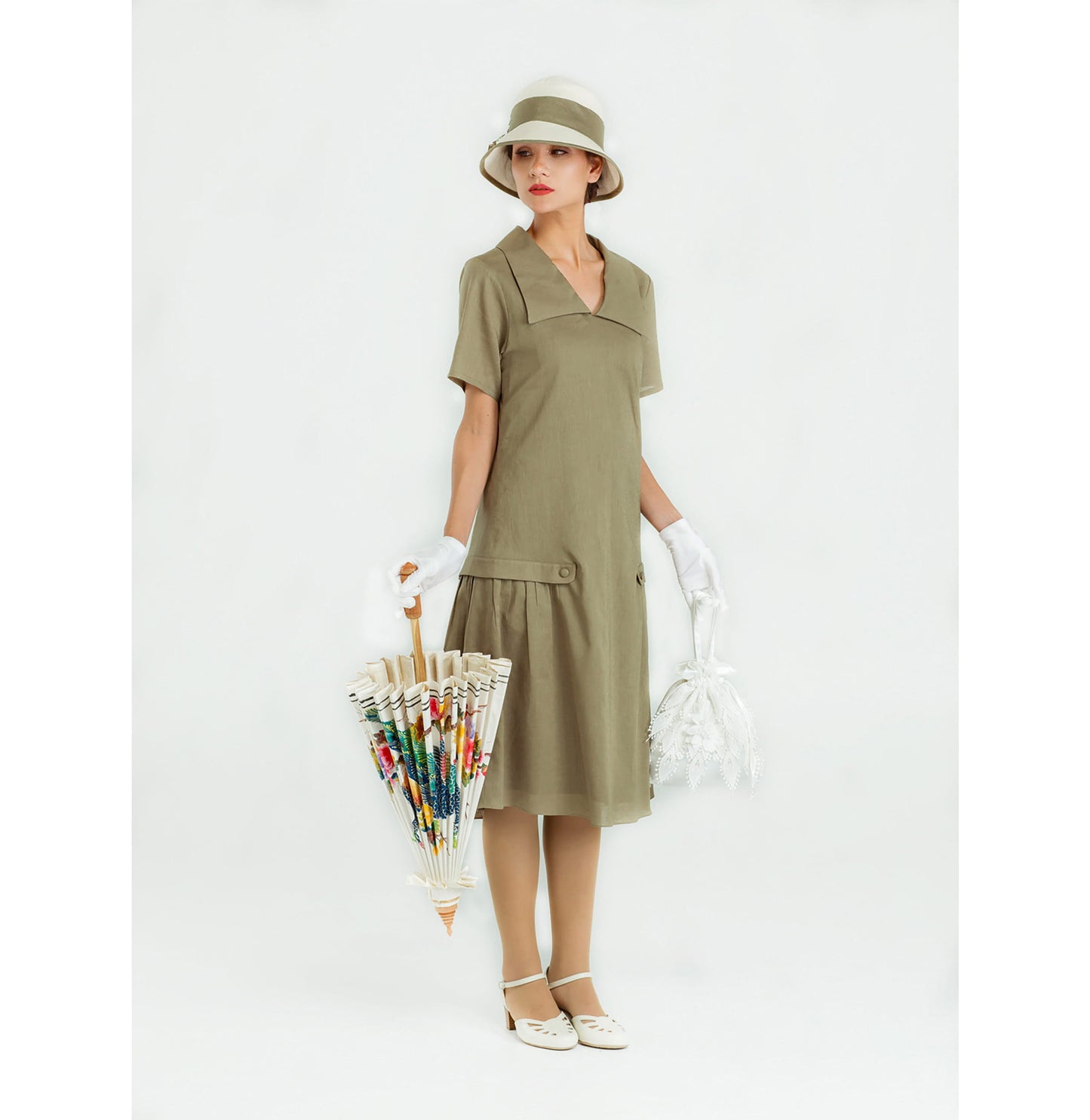 1920s linen dress in olive green with puritan collar
