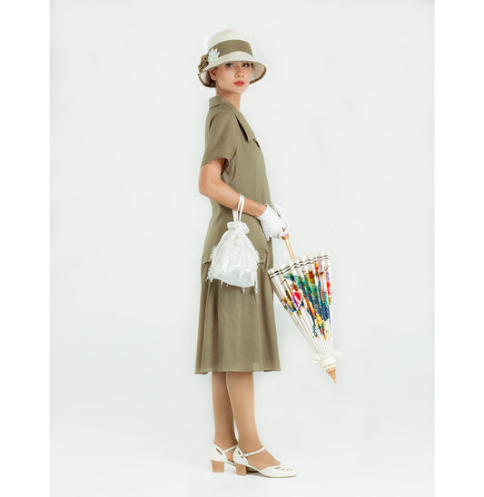 1920s linen dress in olive green with puritan collar