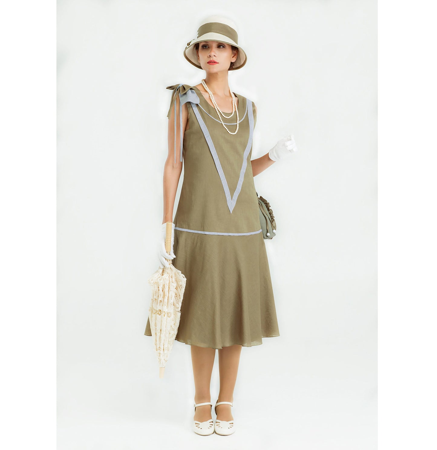 Linen Great Gatsby dress in olive green & grey